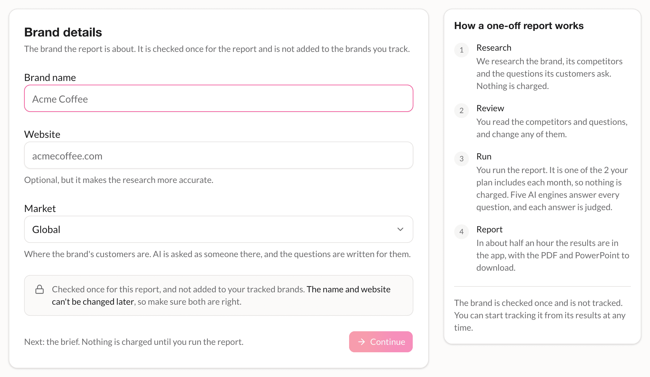 Starting a one-off report: the brand's name, website and market, beside the four steps: research, review, run and report