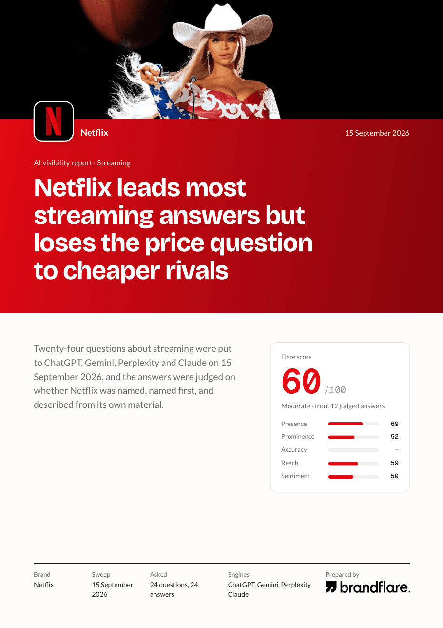 The cover of a report on Netflix, in Netflix's red with its logo and header image: Netflix leads most streaming answers but loses the price question to cheaper rivals